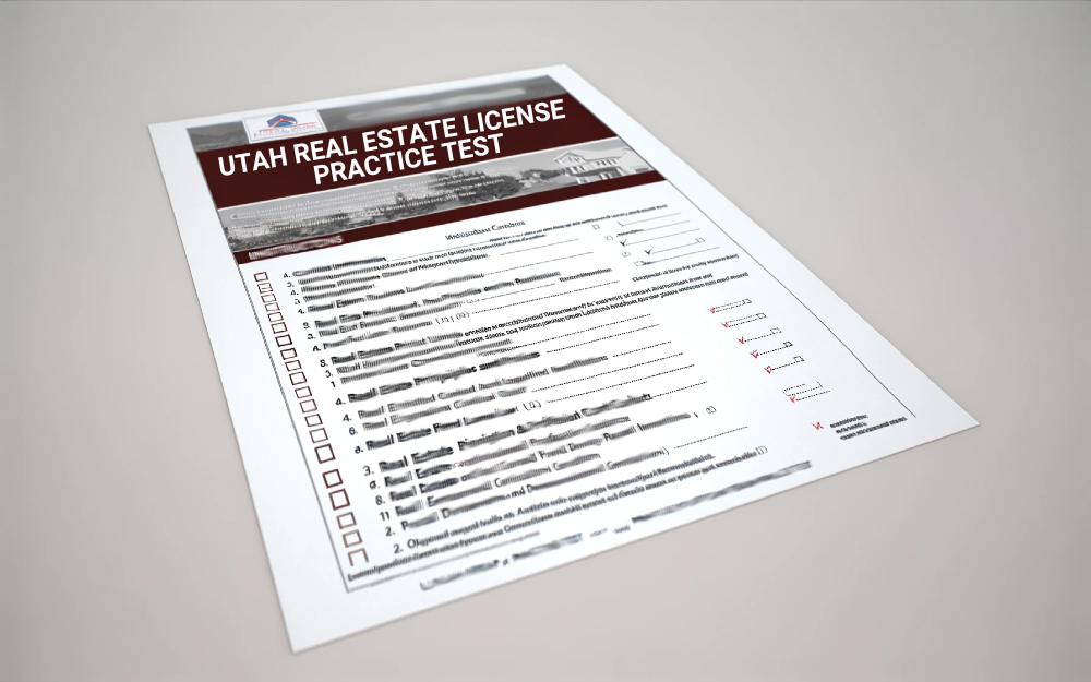 A Utah real estate license practice test lying flat on a surface.